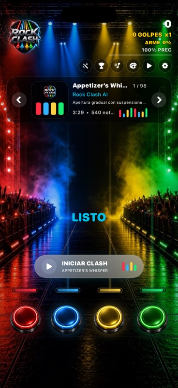 RockClash gameplay screen with four colored note lanes
