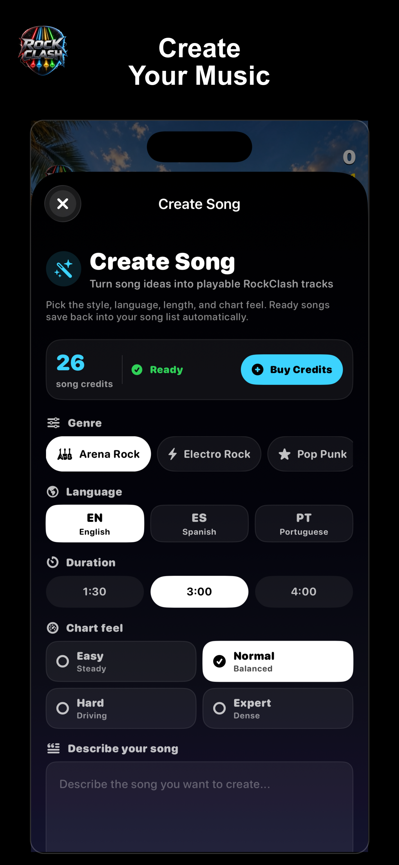 RockClash Create Song screen on iPhone